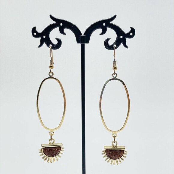 Oval Hoop Earrings Half Sun Charm Gold Tone Brown Glitter Bead Boho Festival - Picture 4 of 9